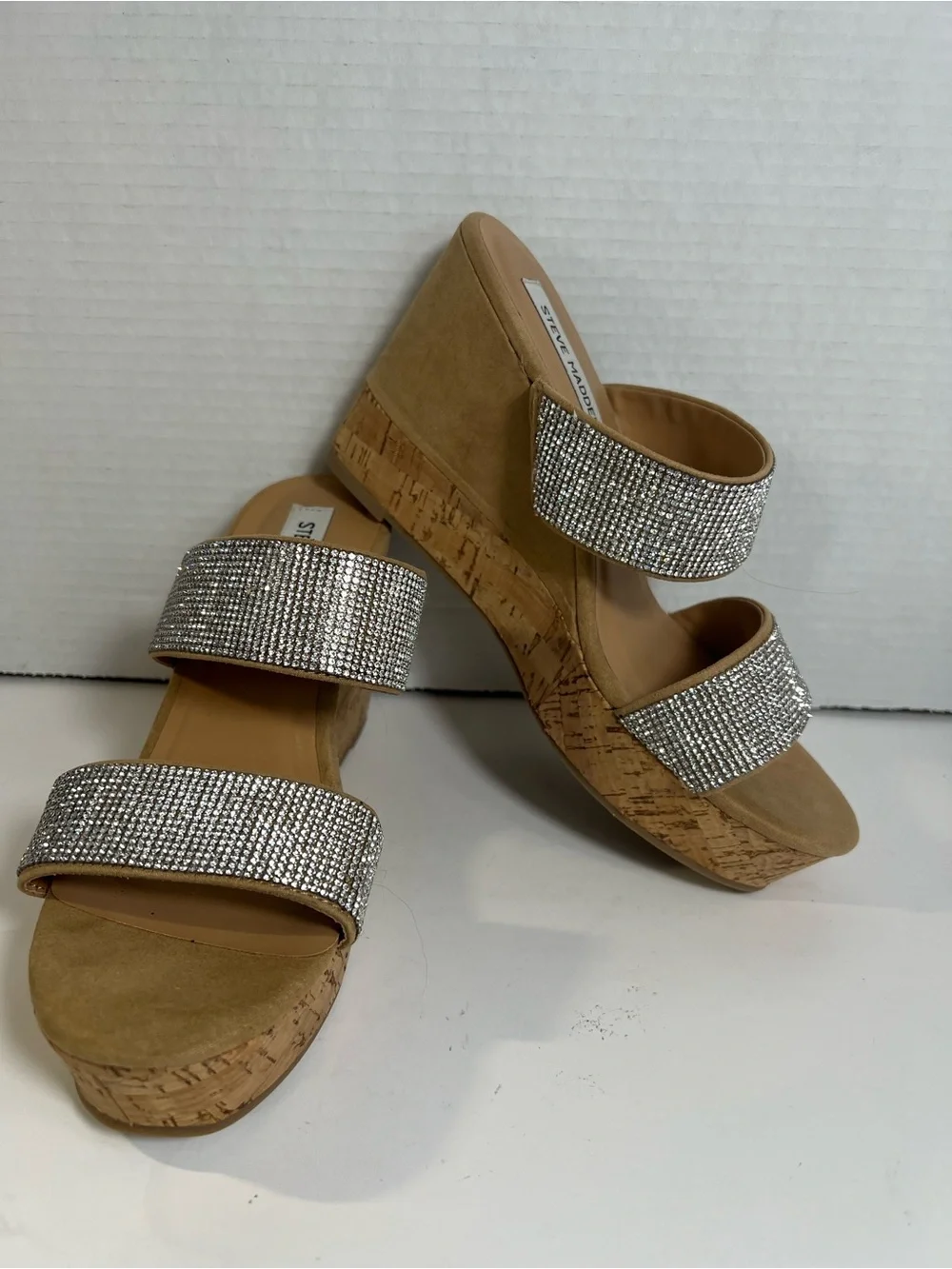 Steve Madden Sandro Rhinestone Cork Wedge Slide Sandals Beige 8.5M